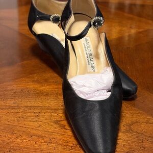 Manolo Blahnik | Black Satin Heels with Crystal Buckle | Size 7.5